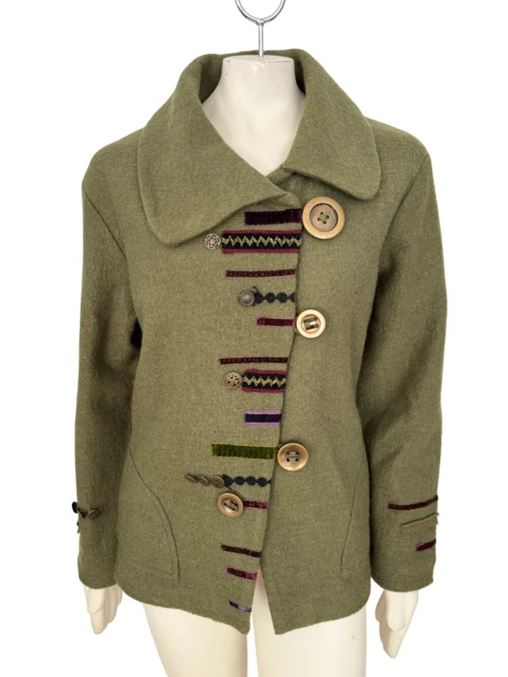 CARSON Boiled Wool Large Button Asymmetric Art to Wear Jacket Olive Green SZ XL